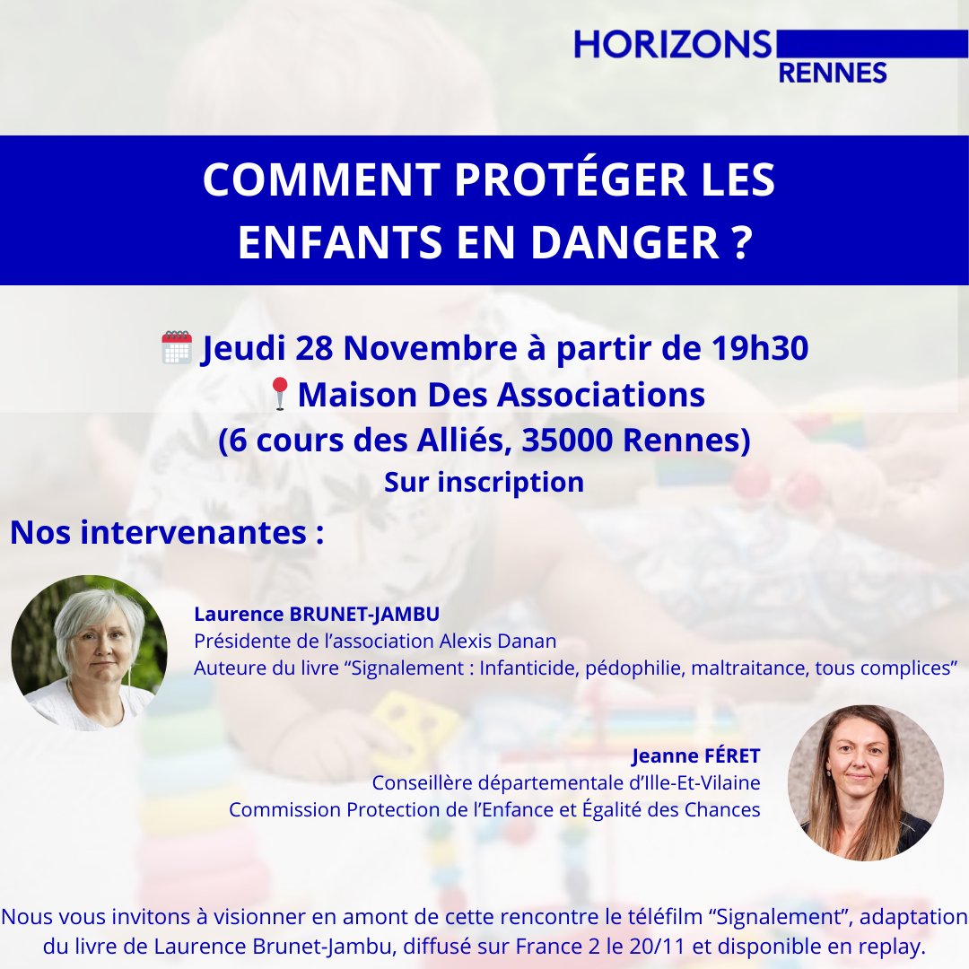 Un sujet sensible mais un enjeu majeur : Participez à notre grande table-ronde autour de l'Enfance en danger, en présence de 2 spécialistes : Laurence Brunet-Jambu, présidente de <a href="/alexisdanan35/">Association Nationale Alexis Danan</a> et <a href="/feret_jeann/">Jeanne Féret</a>, conseillère départementale @ille_et_vilaine 
forms.gle/Qvo8gfDKpLbYZJ…