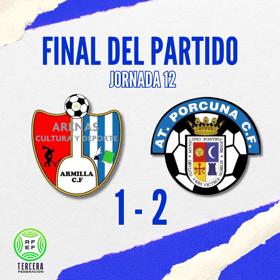 🎙️ ¡Final del partido!

1️⃣ 𝐀𝐫𝐞𝐧𝐚𝐬 𝐝𝐞 𝐀𝐫𝐦𝐢𝐥𝐥𝐚
2️⃣ 𝐀𝐭𝐥𝐞́𝐭𝐢𝐜𝐨 𝐏𝐨𝐫𝐜𝐮𝐧𝐚

#AtPorcuna2425
#EnTerceraJugamosTodos