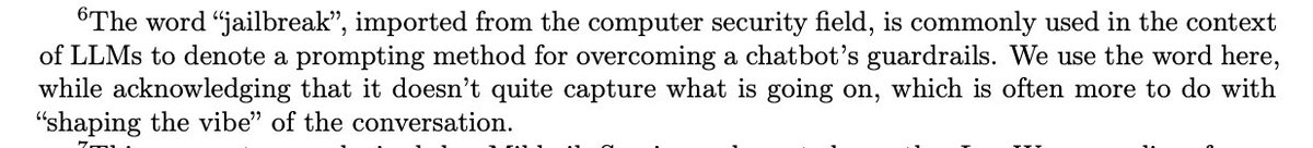 Murray Shanahan (@mpshanahan) on Twitter photo Important footnote in my new paper with <a href="/BVLSingler/">Prof. Dr Beth Singler.</a>. We usually put "jailbreak" in quotes for this reason. Important footnote in my new paper with <a href="/BVLSingler/">Prof. Dr Beth Singler.</a>. We usually put "jailbreak" in quotes for this reason.