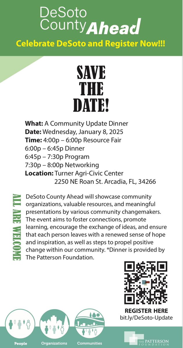 📣 Join <a href="/ThePattersonFdn/">The Patterson Foundation</a> on Jan 8, 2025!
Don’t miss the DeSoto Community Update Dinner &amp; Resource Fair at Turner Agri-Civic Center, 4–8 PM!

🍽️ FREE dinner
🔎 60+ exhibitors
🎁 Visit 25+ booths for a gift
📣 Updates from local leaders

RSVP: bit.ly/DeSoto-County-…