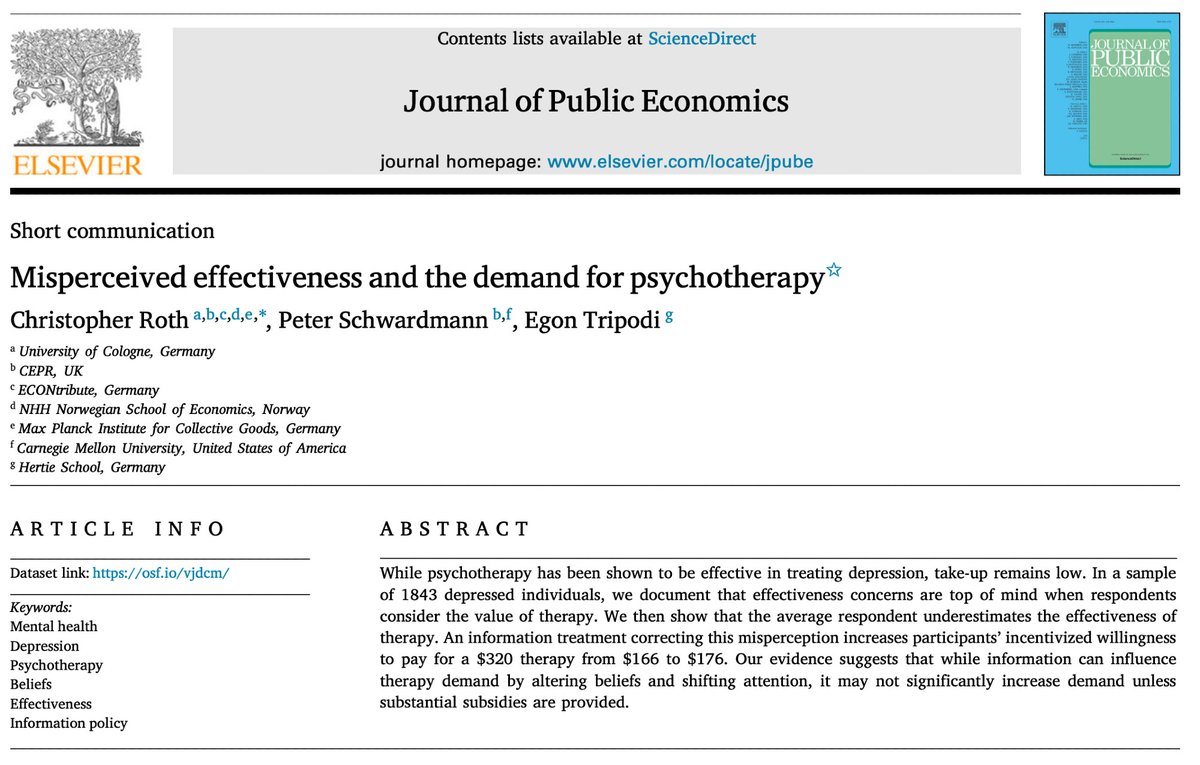 Journal of Public Economics (@jpubecon) on Twitter photo Just published in <a href="/JPubEcon/">Journal of Public Economics</a>:
"Misperceived effectiveness and the demand for psychotherapy"
By Christopher Roth, Peter Schwardmann, & <a href="/EgonTripodi/">Egon Tripodi</a>.
sciencedirect.com/science/articl… Just published in <a href="/JPubEcon/">Journal of Public Economics</a>:
"Misperceived effectiveness and the demand for psychotherapy"
By Christopher Roth, Peter Schwardmann, & <a href="/EgonTripodi/">Egon Tripodi</a>.
sciencedirect.com/science/articl…