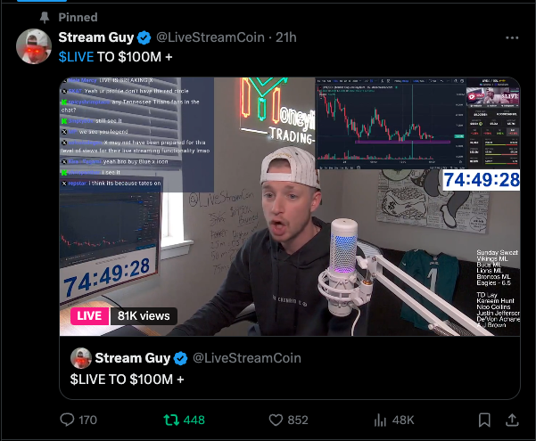 StreamGuy_'s tweet photo. WE STILL $LIVE

X NOT SHOWING LIVE ON PROFILE ANYMORE

@elonmusk 20 HRS IN...DOES @X  BELIEVE? https://t.co/3xcOogwJd1