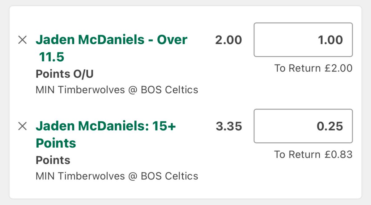 PhoenixValueBet's tweet photo. MIN Timberwolves vs BOS Celtics

#NBA 🇺🇸 

✍️ Jaden McDaniels - O11.5 points @ 2 (1u)
✍️ Jaden McDaniels - 15+ pts @ 3.35 (0.25u) https://t.co/wcb0jaVuA4