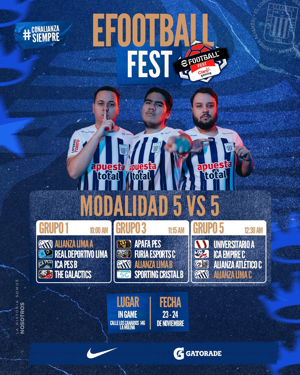 ¡𝗠𝗢𝗗𝗔𝗟𝗜𝗗𝗔𝗗 𝟱 𝘃𝘀 𝟱! 🎮

Estos son los grupos de nuestros 3 equipos que nos representarán en la modalidad 5 vs 5 en el eFootball Fest, organizado por la @LPeFootball 🇵🇪.

¡Con todo cracks! 💪🏽

#Gamers
#ConAlianzaSiempre