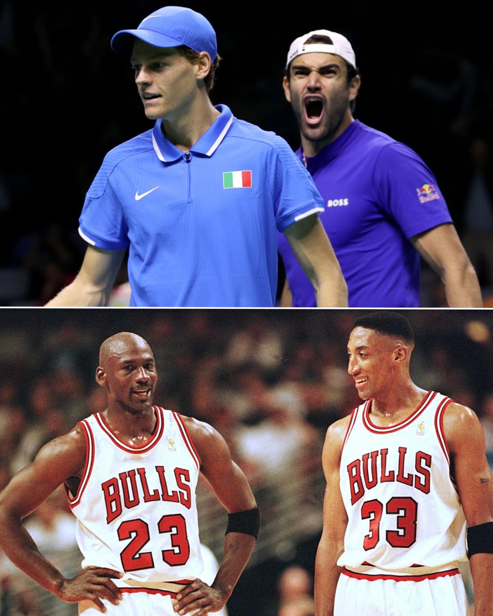 parallelecinico's tweet photo. Negli anni 90, in NBA, contro i due sotto non era possibile vincere.
Al giorno d'oggi, in Coppa Davis, contro i due sopra non è possibile vincere.
Il tennis maschile è per la seconda volta di fila sul tetto del mondo. Sul tetto del mondo dove si è seduto anche il tennis femminile italiano.
E ora, pur con meno talento dei due sotto, anche i due sopra possono puntare al Three-Peat.

#Sinner #Berrettini #DavisCup