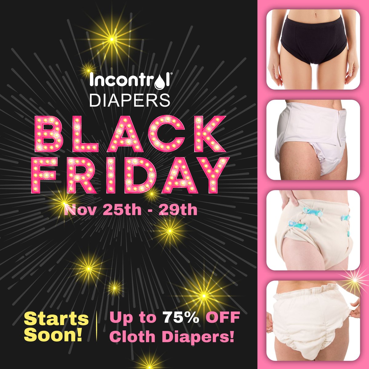 InControlDiaper's tweet photo. Stock up on reusable incontinence supplies during our Black Friday Sales starting next week! Save up to 75%βdonβt miss out! ποΈ
https://t.co/9AqptvSYai
#adultdiapers #incontroldiapers #clothdiapers #pocketdiapers #adultprefolds #cottondiapers https://t.co/i4tlqP8A4V