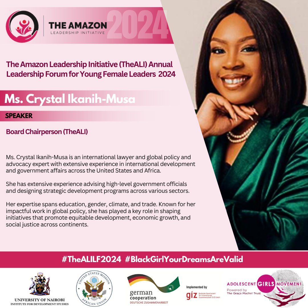 The Amazon Leadership Initiative (TheALI) (@thealiorg) on Twitter photo Meet our BOARD CHAIRPERSON Ms. <a href="/cikanihmusa/">Crystal Ikanih-Musa</a> , an international lawyer and global policy and advocacy expert.
Ms. Crystal has led <a href="/TheALIorg/">The Amazon Leadership Initiative (TheALI)</a> board of directors to exponential growth over the last 2years.
#blackgirlyourdreamsarevalid Meet our BOARD CHAIRPERSON Ms. <a href="/cikanihmusa/">Crystal Ikanih-Musa</a> , an international lawyer and global policy and advocacy expert.
Ms. Crystal has led <a href="/TheALIorg/">The Amazon Leadership Initiative (TheALI)</a> board of directors to exponential growth over the last 2years.
#blackgirlyourdreamsarevalid