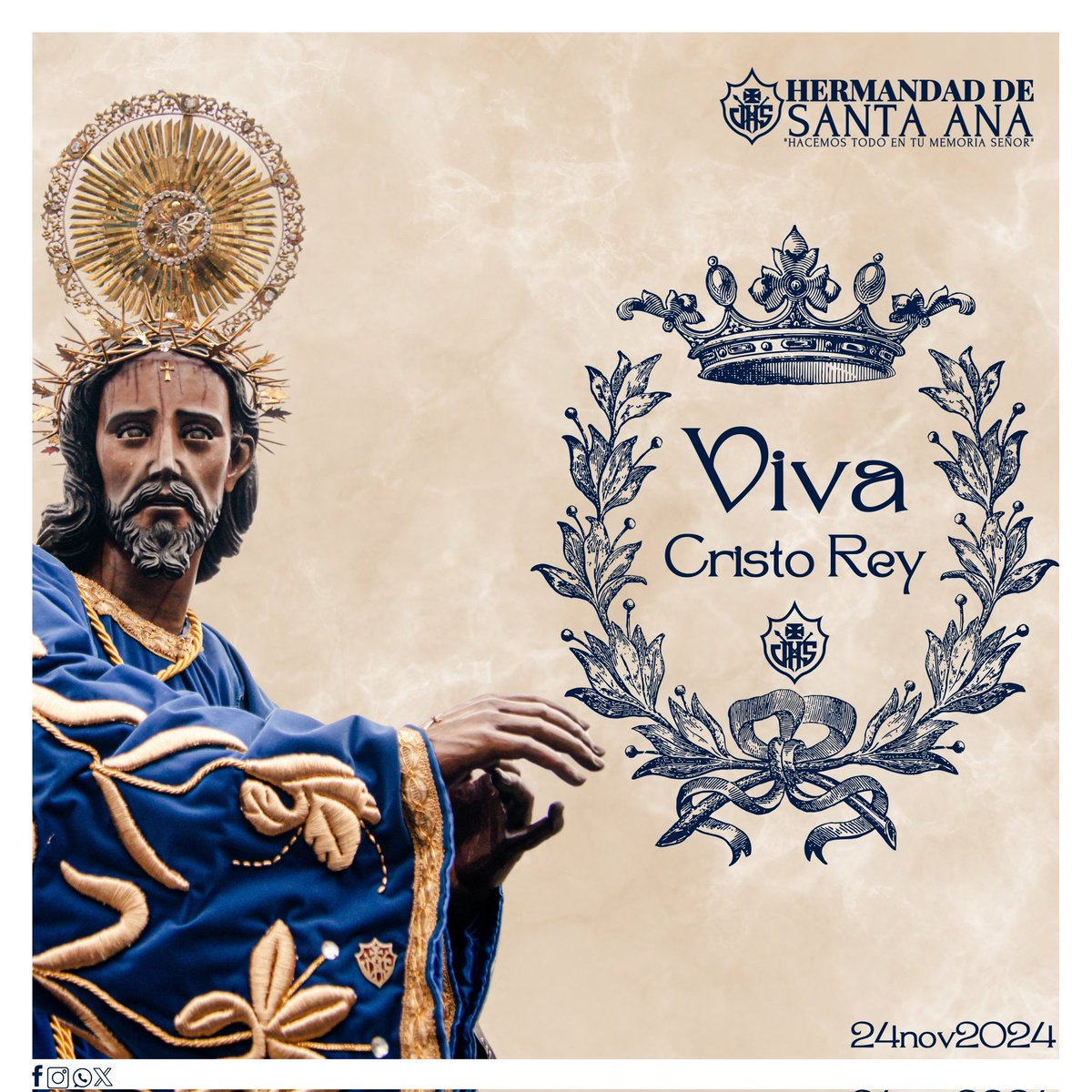 4toDomingoSA's tweet photo. Hermandad Santa Ana | Solemnidad Cristo Rey. 

La solemnidad de Cristo Rey, nos recuerda que, mientras los gobiernos pasan, Cristo prevalece como Rey por siempre.

¡Viva Cristo Rey!
.
.
.
#HermandadDeSantaAna #HacemosTodoEnTuMemoriaSeñor https://t.co/rJdfmMfzZx
