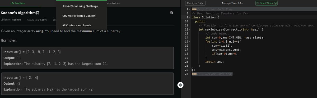 devoted_techie's tweet image. 🚀 Day 9/80 of #geekstreak2024! 🎯
💡 Problem: Kadane's Algorithm
✅ Time: O(n)
✅ Space: O(1)
Streak continues! 💪
Tagging:
@GeeksforGeeks
#GFG160 #CodingChallenge