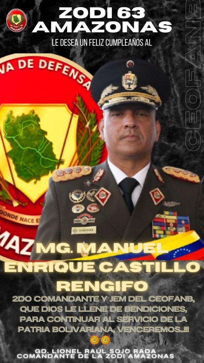 Los hombres y mujeres defensores de la patria al sur del orinoco se llenan de júbilo al felicitar al MG Manuel Enrique Castillo Rengifo, 2do Comandante y JEM del <a href="/CEOFANBVE/">CEOFANB</a> por cumplir un año más de feliz existencia al servicio de la patria...!!!