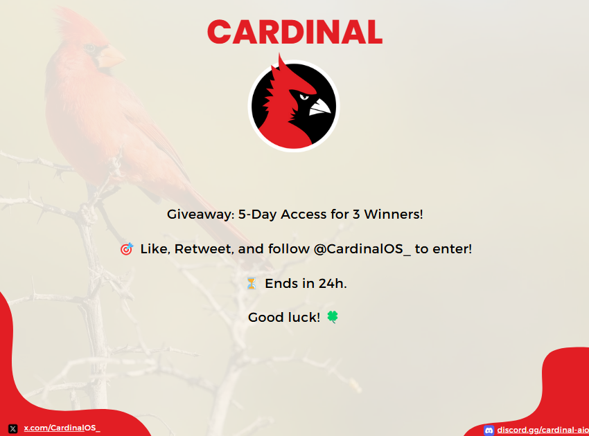 Giveaway: 5-Day Access for 3 Winners!

🎯 Like &amp; RT this tweet, and follow <a href="/CardinalOS_/">Cardinal</a> to enter!

⏳ Ends in 24h.

Good luck! 🍀