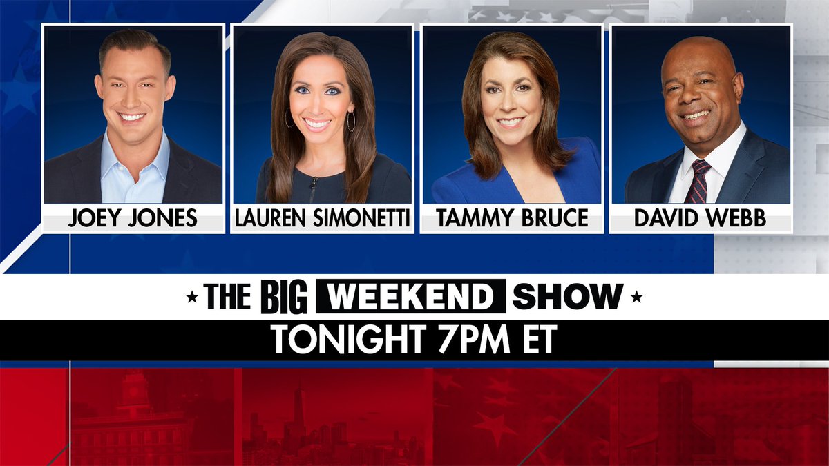 Tammy Bruce (@heytammybruce) on Twitter photo We had such a good time yesterday we're doing it again today! Join us for <a href="/BigWeekendShow/">The Big Weekend Show</a> at 7p ❤️🇺🇸 Join me, <a href="/Johnny_Joey/">Joey Jones</a> <a href="/SimonettiLauren/">Lauren Simonetti</a> & <a href="/davidwebbshow/">David Webb</a> at <a href="/FoxNews/">Fox News</a>. We had such a good time yesterday we're doing it again today! Join us for <a href="/BigWeekendShow/">The Big Weekend Show</a> at 7p ❤️🇺🇸 Join me, <a href="/Johnny_Joey/">Joey Jones</a> <a href="/SimonettiLauren/">Lauren Simonetti</a> & <a href="/davidwebbshow/">David Webb</a> at <a href="/FoxNews/">Fox News</a>.