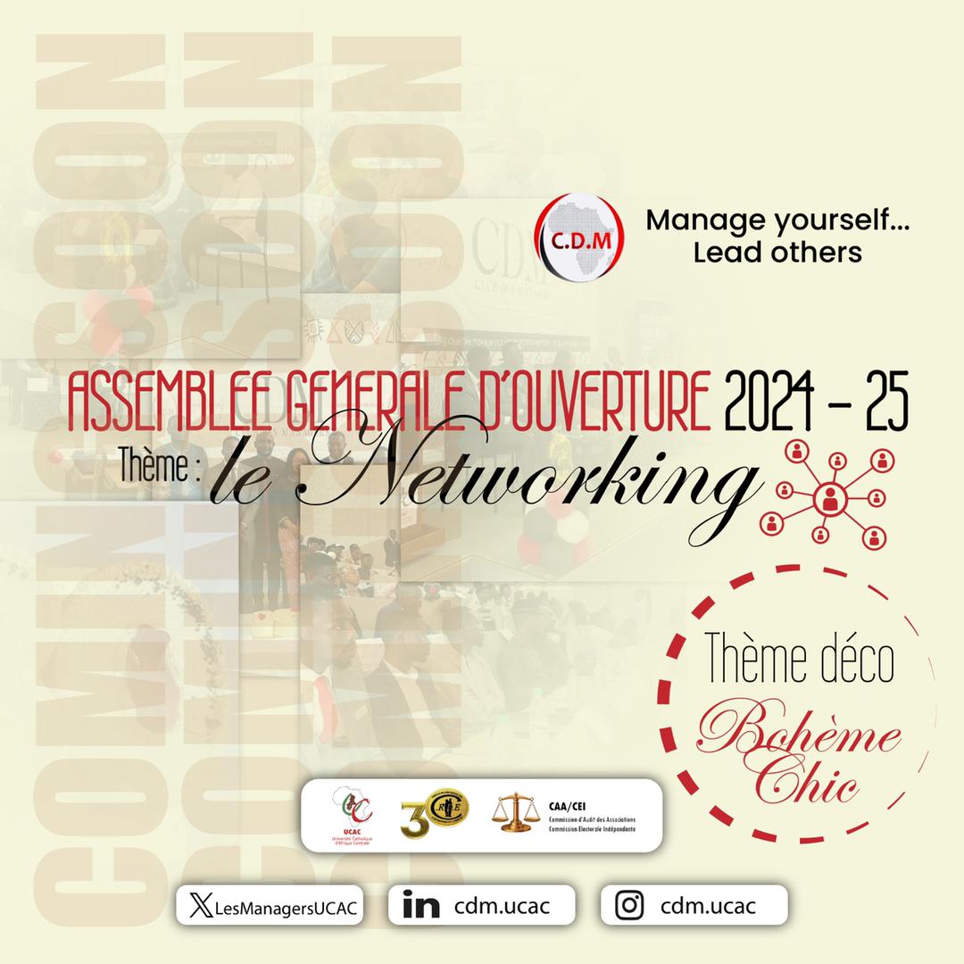 LesManagersUCAC's tweet photo. 🎉 Préparez-vous à tisser des liens et à élargir vos horizons ! ❤️🤍🖤  
Rejoignez-nous pour l'assemblée générale d'ouverture du Club Des Managers, où le réseautage prend une dimension bohème chic ! ✨🌿  
Coming soon, ne manquez pas cette expérience unique ! https://t.co/gwi0md691F