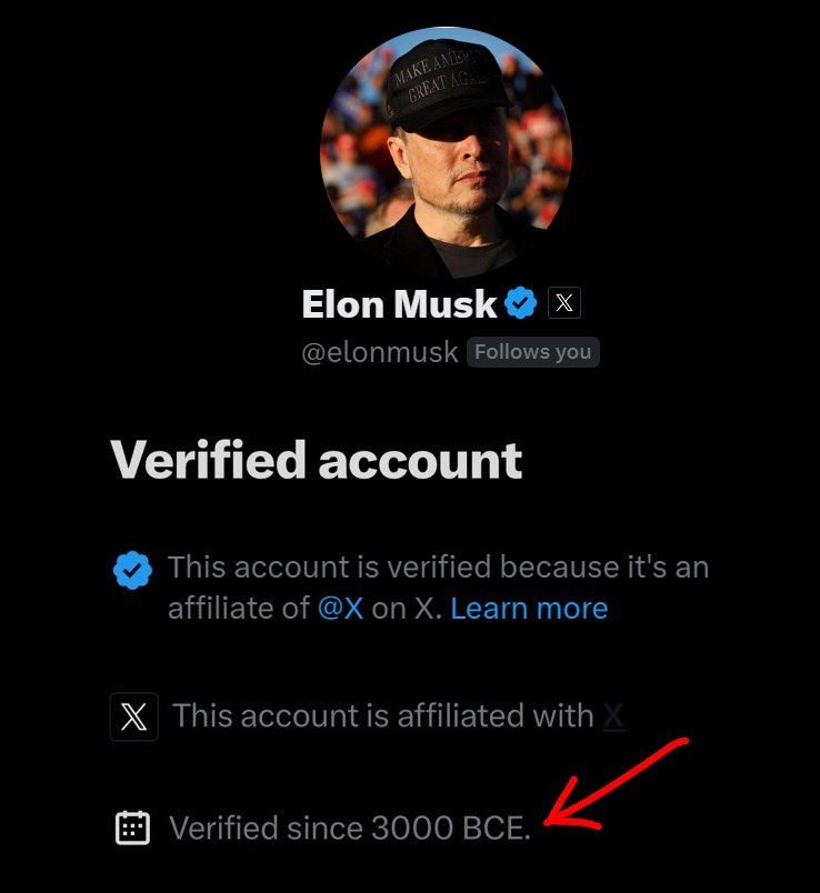 cb_doge's tweet image. Elon Musk&apos;s 𝕏 Profile says he&apos;s verified since 3000 BCE.

Yesterday, he posted that he is a time-traveling, vampire alien. 👀