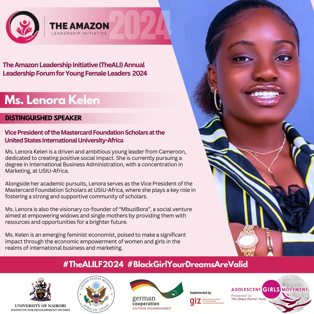 The Amazon Leadership Initiative (TheALI) (@thealiorg) on Twitter photo Meet Ms. <a href="/LenoraKelen/">Lenora Kelen</a> #TheALILF2024 DISTINGUISHED GUEST SPEAKER on Business Leadership and Management.
Ms Lenora is the V.P of the <a href="/MastercardFdn/">Mastercard Foundation</a> Scholars at <a href="/ExperienceUSIU/">USIU-Africa</a>
She is a driven and ambitious young leader from #Cameroon, dedicated to creating positive social impact. Meet Ms. <a href="/LenoraKelen/">Lenora Kelen</a> #TheALILF2024 DISTINGUISHED GUEST SPEAKER on Business Leadership and Management.
Ms Lenora is the V.P of the <a href="/MastercardFdn/">Mastercard Foundation</a> Scholars at <a href="/ExperienceUSIU/">USIU-Africa</a>
She is a driven and ambitious young leader from #Cameroon, dedicated to creating positive social impact.