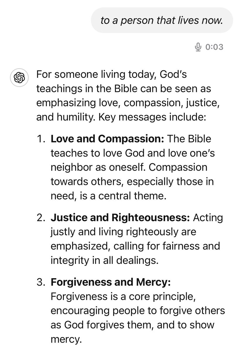 RenSnowder86682's tweet photo. What would you say God’s most important teachings were ? #askAI #AI #theBible https://t.co/Xwf8xj3L5L