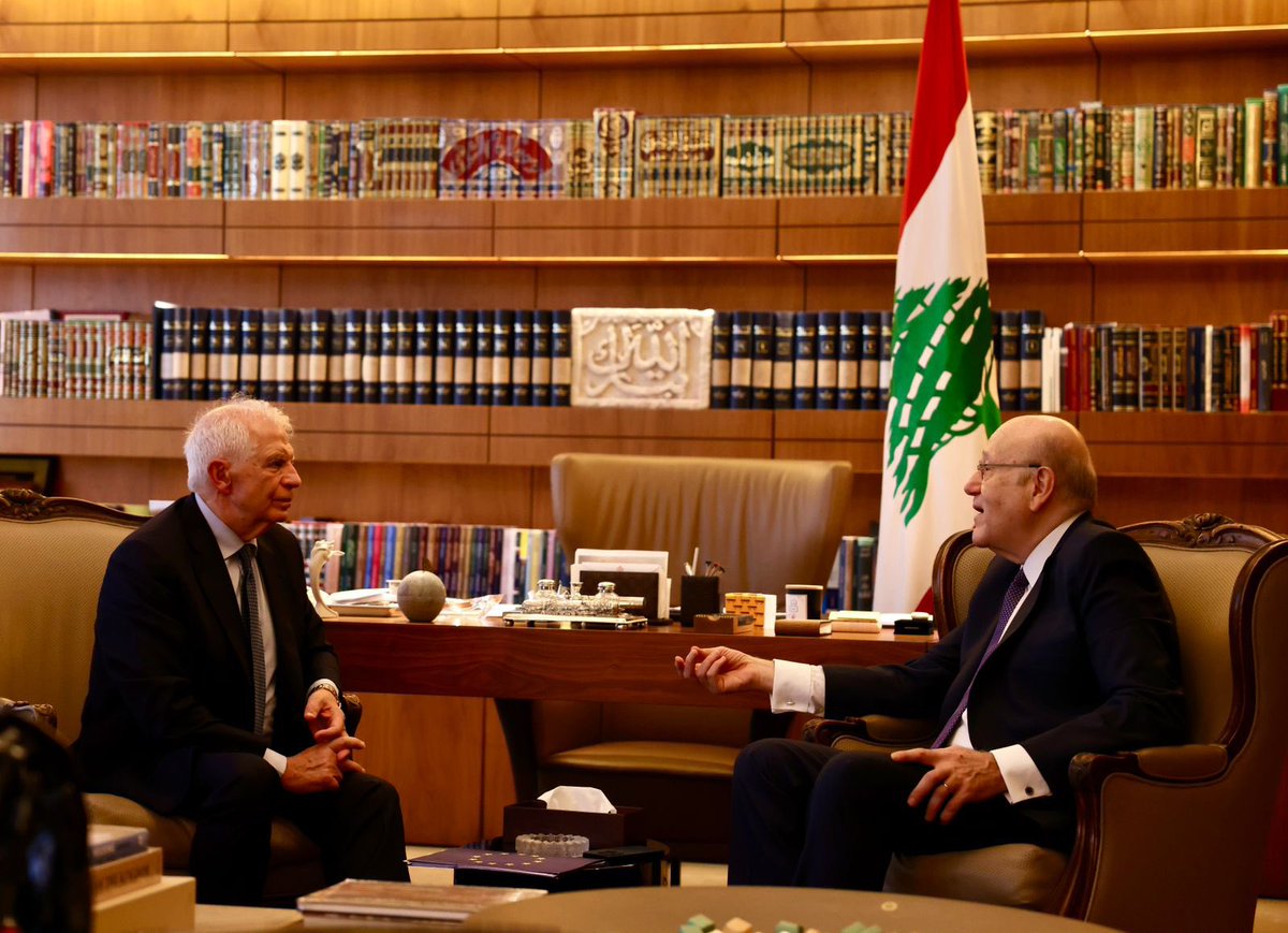 JosepBorrellF's tweet photo. In Lebanon today for the 3rd time in one year. Met w/ caretaker PM @Najib_Mikati to discuss the urgent key steps to stop the conflict. 
Need to increase pressure on Israel &amp; Hezbollah to agree to the US proposal for a ceasefire &amp; fully &amp; symmetrically implement of #UNSCR1701. 1/2 https://t.co/k2buoR8oxu