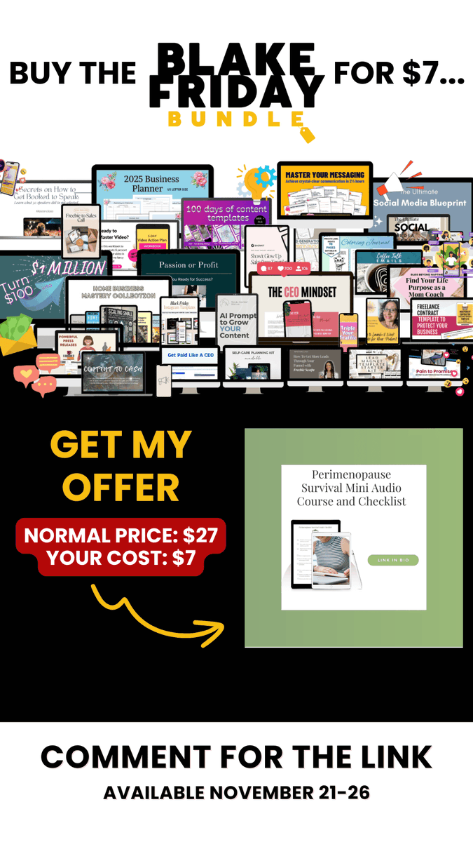 Got Perimenopause? Get my Perimenopause Survival Guide  and 70 other resources to help simplify your life and business for $7. …--the-blake-collective.thrivecart.com/blake-friday-b…