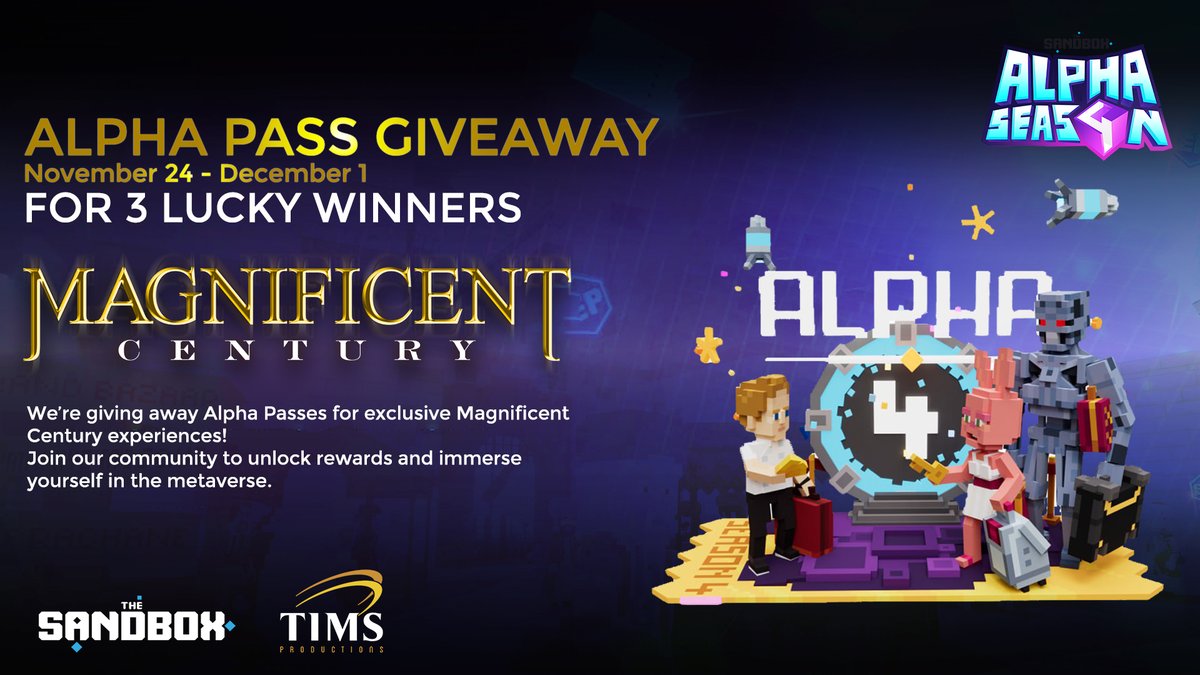 Magnificentury_'s tweet image. Magnificent Century FANS!💖
Want to be one of the 3 lucky winners of the #AlphaPass?
✨ Follow us
🔁Retweet this tweet
❤️Like it
➡️Tag 3 friends
⏳Ends on December 1, 9PM UTC #TheSandbox #AlphaSeason4