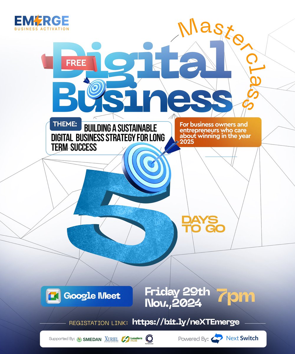 yournextswitch's tweet photo. 5 Days to Go!

The Emerge Conference is almost here! Get ready for expert insights, powerful strategies, and tools to grow your digital business.

Don’t miss out – register now and level up! 
https://t.co/dN6oqj52xN

Lewis Wizkid pastor bread stay humble Amorim https://t.co/6E4ONRQPUR