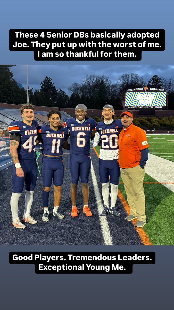 Coach_Bowers's tweet photo. Sent a tremendous group of seniors out with a win yesterday, securing the best season since 2014 for @Bucknell_FB! The senior DBs and this morning’s #BisonWinDonuts #RunToWin #WinTogether #rayBucknell https://t.co/Q2paq8DVdL