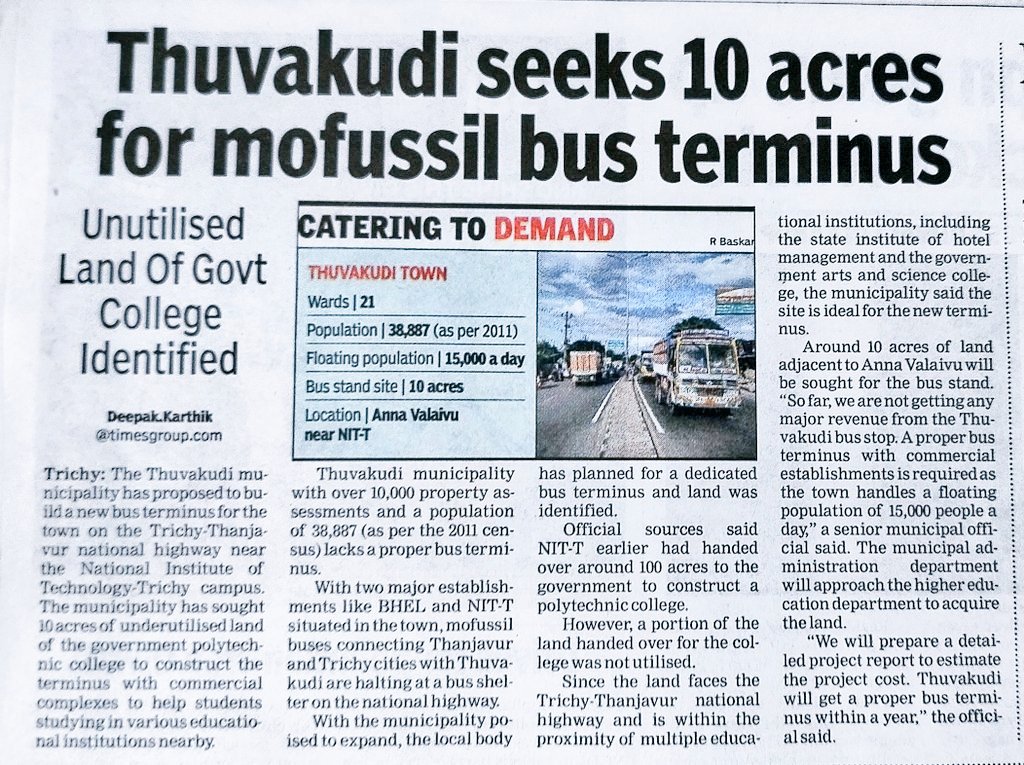 Trichiites's tweet image. Honouble Minister @KN_NEHRU Sir,
Kindly set up a Modern Integrated Bus Terminal in,
♦️Municipalities
🔸Thuvakkudi
🔸Thuraiyur
♦️Town Panchayats
🔸Manachanallur
🔸Kallakudi Town
🔸Uppiliyapuram &amp;amp;
🔸Samayapuram Kannanur
@ManachanallurSK @Anbil_Mahesh #Trichy #SubUrban #BusTerminal