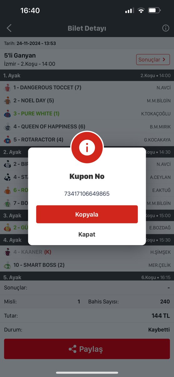 kivancsimo's tweet photo. @hipodromtr İzmir 1. Beşli ganyanda kuponum kazanması gerekirken kaybetti yazıyor 5. Koşuda 4 numaralı yazdığım at yarıştan çıktı ve favori kazandı lütfen yardımcı olurumusunuz https://t.co/wROMxAas3k