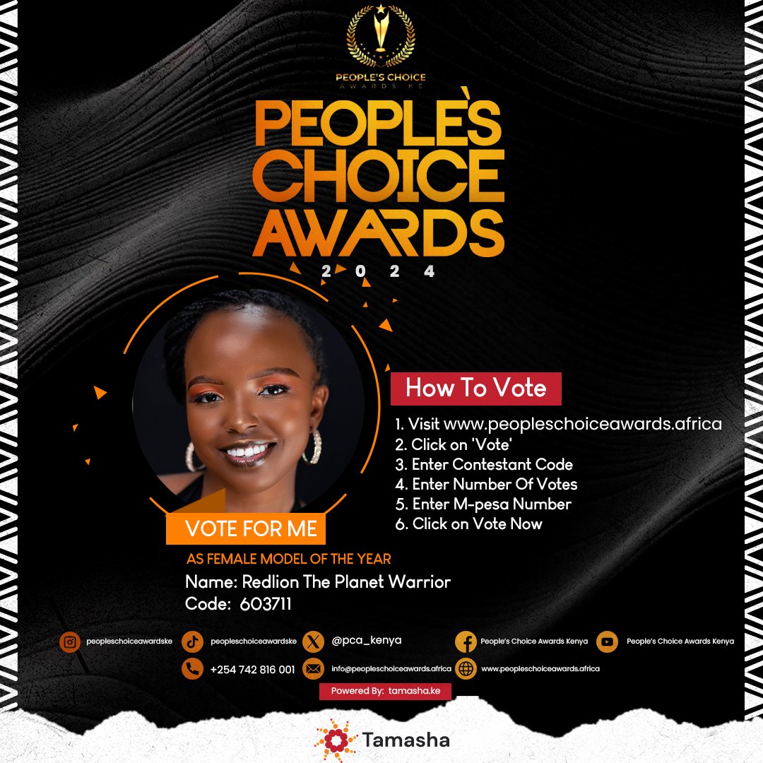 mitchelle_nn's tweet image. Hello, 
I have been nominated for the People&apos;s Choice Award&apos;s 2024 as the Female Model of the Year. 
To vote for me click on the link below,
tamasha.ke/poll/?poll=VKB…
Each vote cost 10/= Thank you fahm 🫶🏾 
I&apos;ll keep you posted...
#PCA2024 #redliontheplanetwarrior #Vote