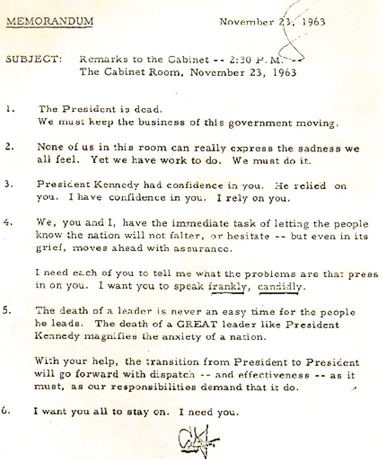 LBJ's notes for his first Cabinet meeting as President, yesterday 1963: