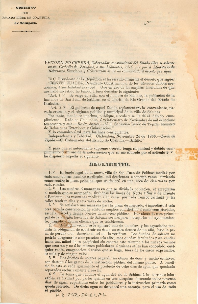 MuseoPresidente's tweet photo. #UnDiaComoHoy de 1866 el Presidente Benito Juárez expide en Chihuahua decreto por el que se erige la “Villa de Sabinas” la población de la “hacienda de #SanJuandeSabinas”, que al efecto expropia a Carlos Sánchez Navarro. El 12 de marzo de 1869 se daría cumplimiento a la disposición.