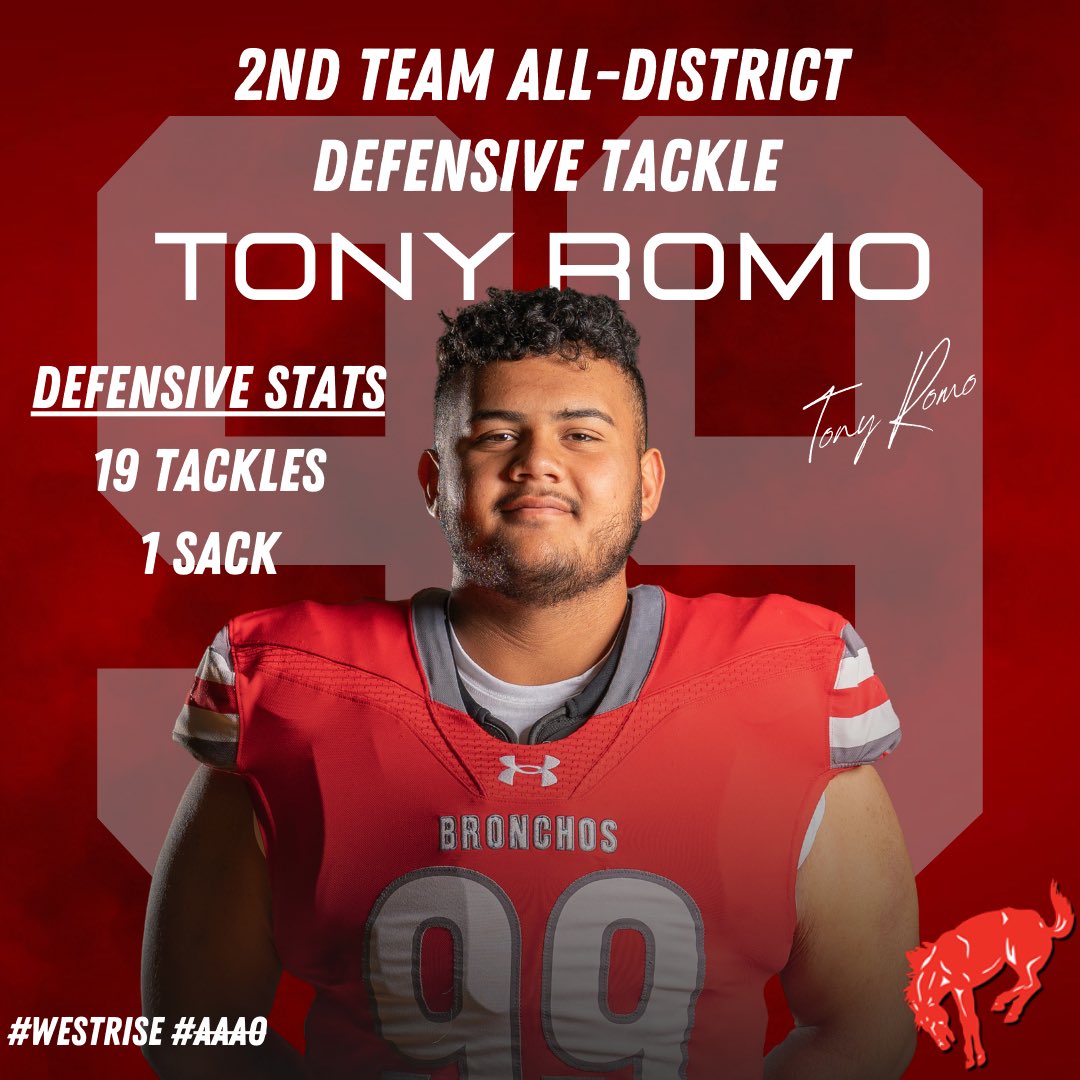 Congratulations to Tony Romo for being honored as 2nd Team All-District‼️
🔴⚪️
#WestRise #AAAO 
<a href="/BigRedBronchos/">Odessa High School</a> <a href="/ECISDAthletics/">EctorCountyISDAthletics</a>