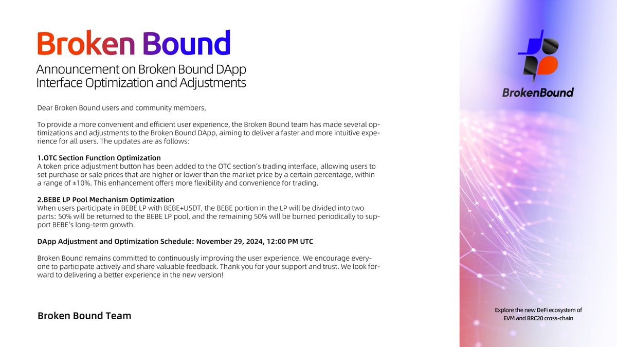 Broken_Bound_'s tweet photo. 🌟#BrokenBound #DApp Optimization and Adjustment is coming!🎉

🔧OTC Section Function Upgrade
💎BEBE LP Pool Mechanism Update
Try it now and start your new wealth journey! 💰🚀
#BrokenBound #DeFi #DAppUpgrade #MEMELP #CryptoInvestment https://t.co/ae1FQLRIw6
