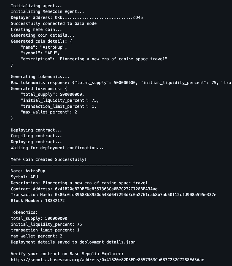 Here's an autonomous AI agent to launch #meme coins on <a href="/base/">Base</a>'s sepolia (feel free to fork &amp; customize) using
<a href="/Gaianet_AI/">Gaia 🌱</a> 

Repo: github.com/harishkotra/ga…

AstroPup Coin: sepolia.basescan.org/address/0x41B2…

Explainer video dropping soon!