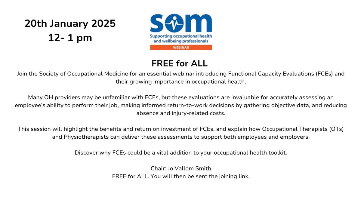 Occupational Therapy for Occupational Health (@otforoh) on Twitter photo 🚀 Looking to optimise workplace health assessments?
Discover the power of FCEs in OH.
Join me, Tanya Campbell & Lina Chauhan for a deep dive. 12-1pm 20/01/2025
REGISTER: bit.ly/4fhmEyx
<a href="/somceo/">SOMCEO</a> <a href="/SOMNews/">SOM e-News</a> <a href="/UKVRA/">VRA UK</a> <a href="/RCOT_Work/">RCOTSSWork</a> 🚀 Looking to optimise workplace health assessments?
Discover the power of FCEs in OH.
Join me, Tanya Campbell & Lina Chauhan for a deep dive. 12-1pm 20/01/2025
REGISTER: bit.ly/4fhmEyx
<a href="/somceo/">SOMCEO</a> <a href="/SOMNews/">SOM e-News</a> <a href="/UKVRA/">VRA UK</a> <a href="/RCOT_Work/">RCOTSSWork</a>