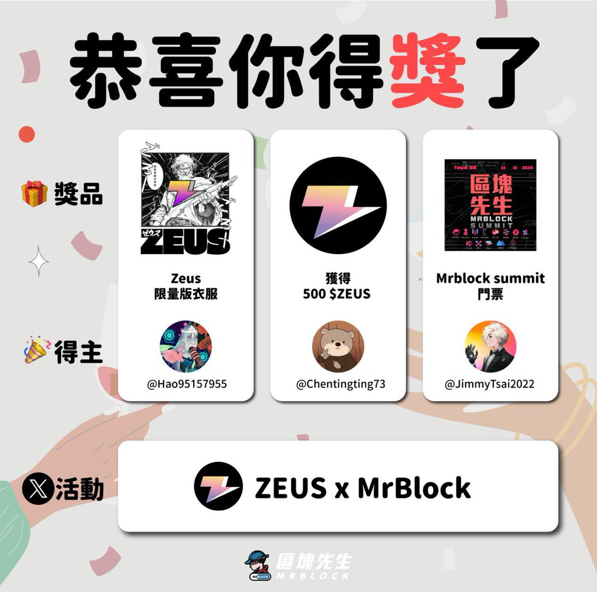 mrblock's tweet photo. 恭喜各位, $ZEUS 在過程漲了近一倍😱
#mrblocksummit
#區塊先生年會
麻煩得主DM我你的收件地址🫡 https://t.co/xMgTUE8ySv