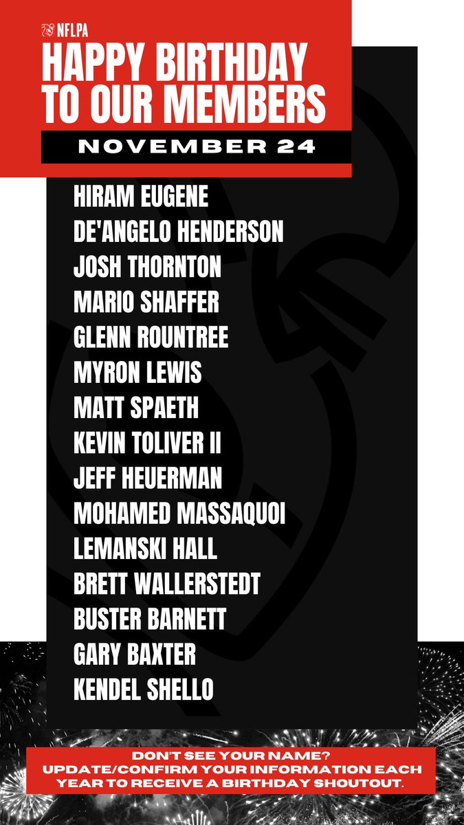 NFLPA Former Players (@nflpafmrplayers) on Twitter photo Happy birthday to our members <a href="/Hirameugene31/">Hiram Eugene</a> @Dhenderson31 <a href="/1_JRT_1/">Josh Thornton</a> @wmfootballalumnus @rountree75 <a href="/Mylew23/">Myron Lewis</a> @MattSpaeth89 <a href="/Kevintoliver2/">KT2</a> <a href="/JHeuerman86/">Jeff Heuerman</a> <a href="/IronMassaquoi/">Mohamed Massaquoi</a> @coachski_ <a href="/brw44/">brw44</a> <a href="/barnett4959/">Buster Barnett</a> - Cheers to another year! Happy birthday to our members <a href="/Hirameugene31/">Hiram Eugene</a> @Dhenderson31 <a href="/1_JRT_1/">Josh Thornton</a> @wmfootballalumnus @rountree75 <a href="/Mylew23/">Myron Lewis</a> @MattSpaeth89 <a href="/Kevintoliver2/">KT2</a> <a href="/JHeuerman86/">Jeff Heuerman</a> <a href="/IronMassaquoi/">Mohamed Massaquoi</a> @coachski_ <a href="/brw44/">brw44</a> <a href="/barnett4959/">Buster Barnett</a> - Cheers to another year!