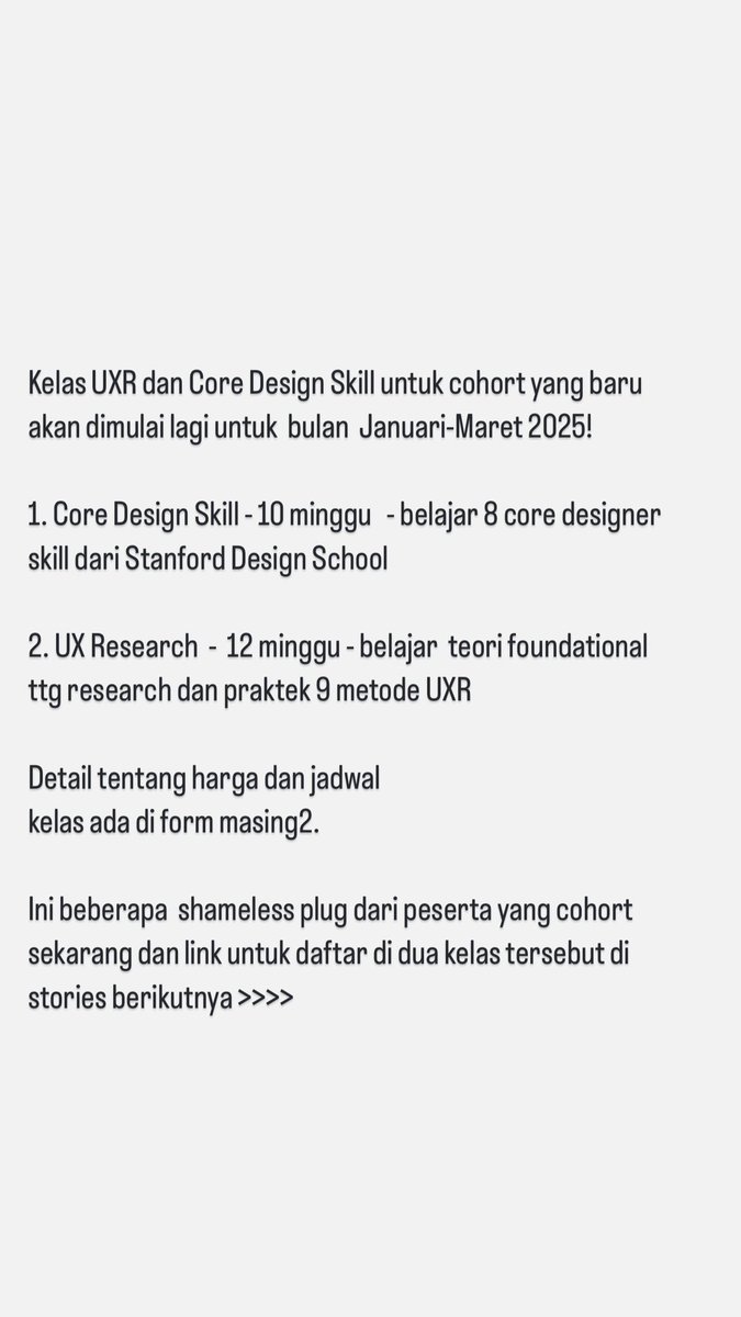 YoelSumitro's tweet photo. Kelas 8 core design skills + UXR untuk cohort bulan January - Maret 2025 udah dibuka lagi! 

Yang abis gajian bisa langsung dipake buat investasi otak dan craft ini. 😜

Ini 2 link registrasi kelasnya:

a. Core Design skill - 10
minggu : https://t.co/wBg9MjMLhs 

b. UX Research skill - 12 minggu: https://t.co/FoMBAi8gMP