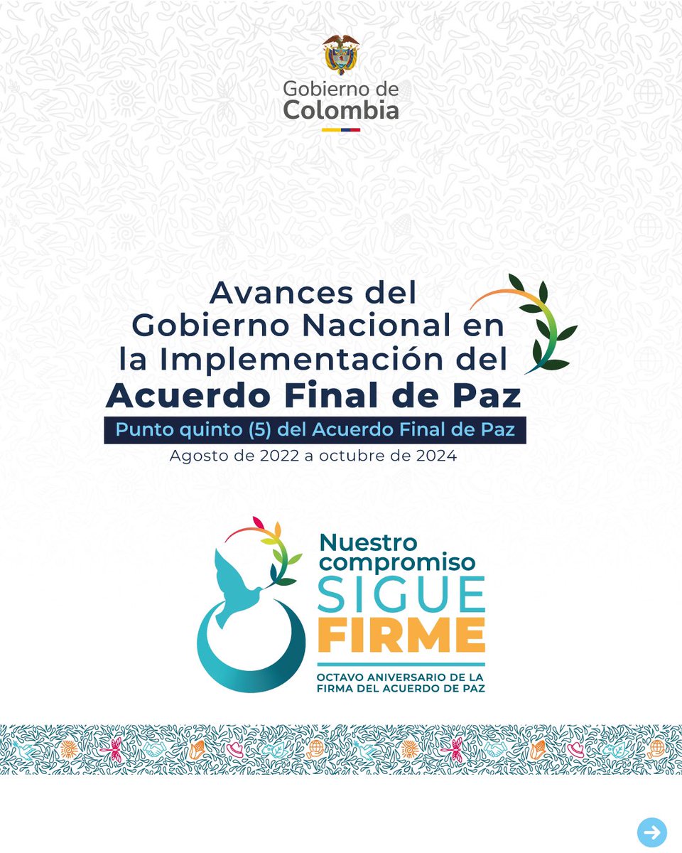 PAEColombiaOf's tweet image. ¡Con las víctimas nuestro compromiso sigue firme! ✊🕊️ Te contamos los avances en reparación colectiva, iniciativas restaurativas 🌱, acciones para cumplir las recomendaciones de la @ComisionVerdadC, en los 2 años del #GobiernoDelCambio. 🌟📊 

#FirmesConElAcuerdo
