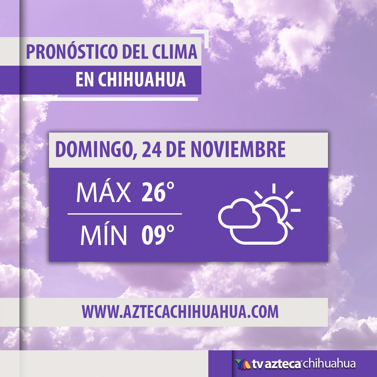 AztecaChihuahua's tweet photo. El #clima de hoy en #Chihuahua es #mayormente nublado con una #temperatura de 09°C

Prob. de precipitaciones: 0%
#Humedad: 56%
#Viento: 11 km/h https://t.co/o25l7ZrwRo