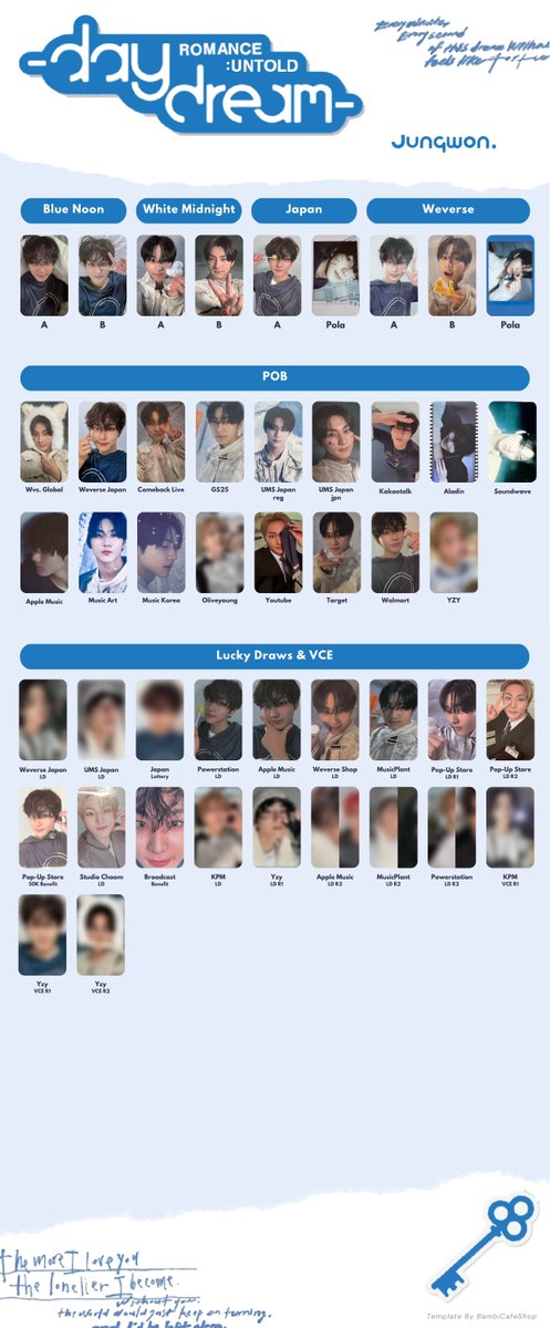 :¨ ·.· ¨: 
  `· . ꔫ Enhypen Romance : Untold -Daydream-  
Jungwon pc template~  

 Album &amp; Benefits   
#DAYDREAM #ENHYPEN #JUNGWON   엔하이픈 포카 정원 BLUE NOON WHITE MIDNIGHT POB LUCKY DRAW  (pic ctto)