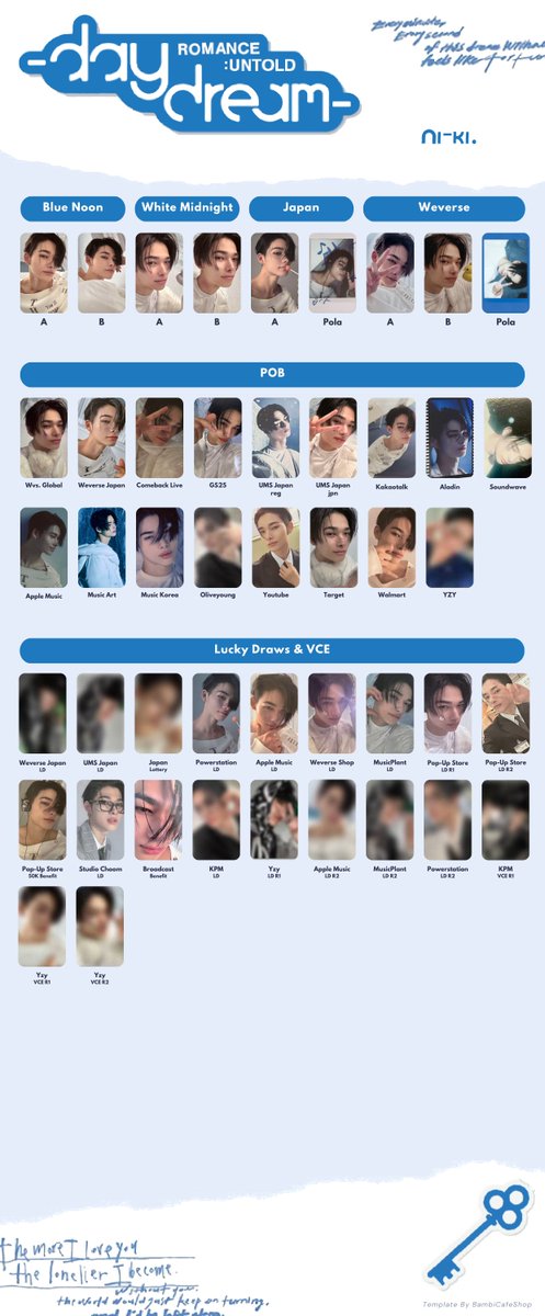 :¨ ·.· ¨: 
  `· . ꔫ Enhypen Romance : Untold -Daydream-  
Ni-ki pc template~  

 Album &amp; Benefits   
#DAYDREAM #ENHYPEN #NIKI  엔하이픈 포카 니키 BLUE NOON WHITE MIDNIGHT POB LUCKY DRAW  (pic ctto)