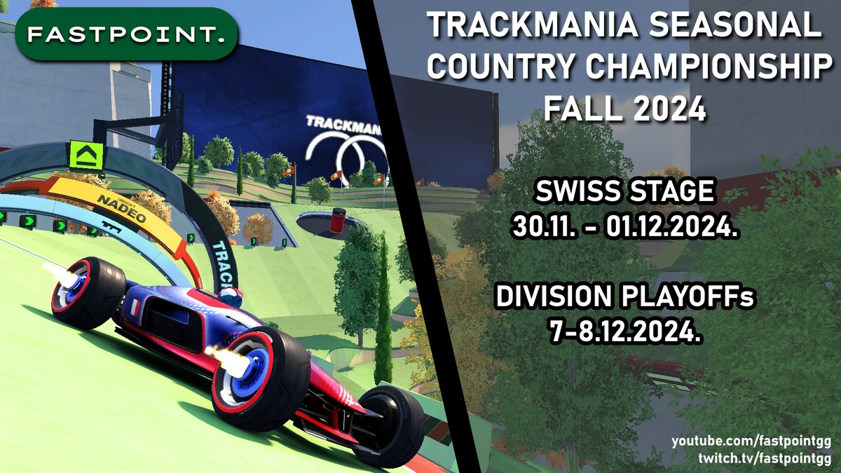 TRACKMANIA SEASONAL COUNTRY CHAMPIONSHIP

🍂FALL 2024 is coming SOON!!!

📅30.11. - 8.12.2024.

More info: discord.gg/sdpMRd3sXK