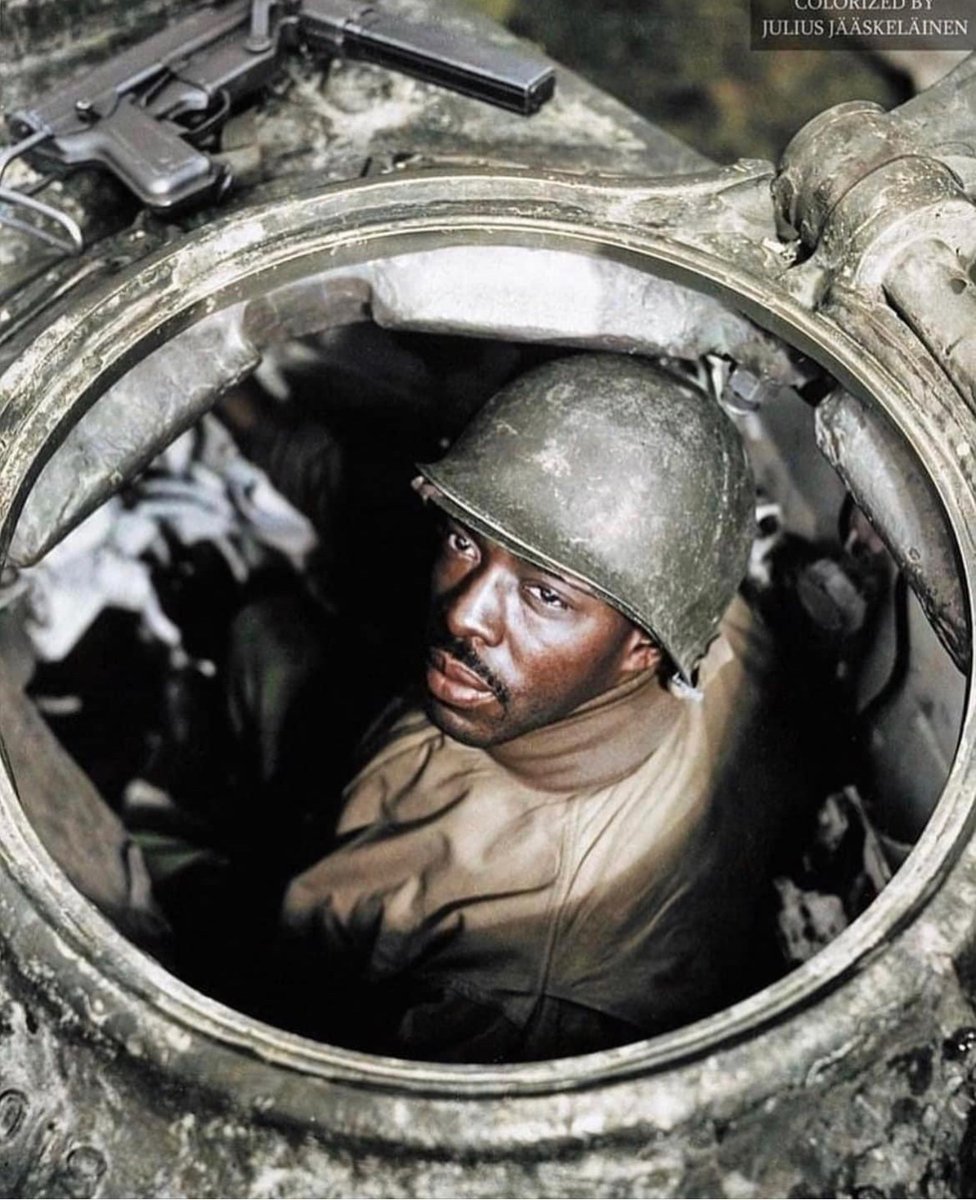 In November of 1944, Corporal Carlton Chapman of the 761st Tank Battalion poses for the camera in his M4 tank near Nancy, France. 🪖

Four days after this picture was taken, Cpl. Chapman was killed in action. 🪦