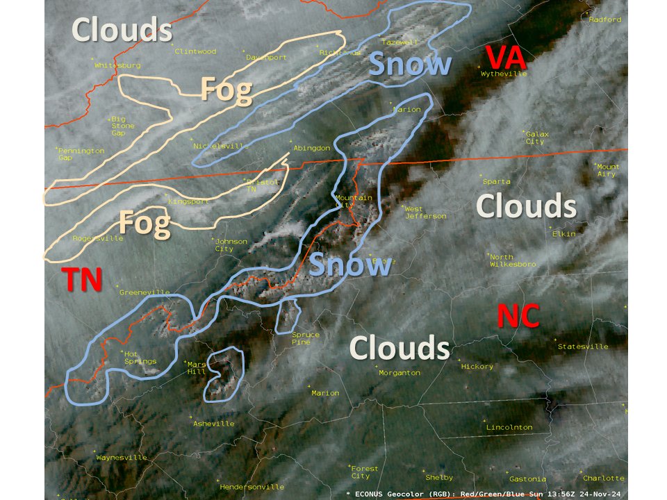 NWSMoreheadCity's tweet photo. Did you know that meteorologists utilize satellite imagery for more than just clouds? Here is a good example of meteorological features that we look at in addition to cloud cover. This is a combined RGB (Red, Green, Blue) composite, which makes this possible. https://t.co/uDG5tk4fct