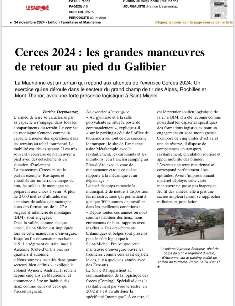 511eRTofficiel's tweet image. Merci Le Dauphiné Libéré !
Le régiment participe actuellement à l’exercice CERCES dans les Alpes.  Ravitaillement, transport, appui à la mobilité et aux mouvements, tirs coordonnés et challenge Dronex. 

#BrigadeLOG #511eRT #passetoujours  #CALT #armeedeterre @27bim