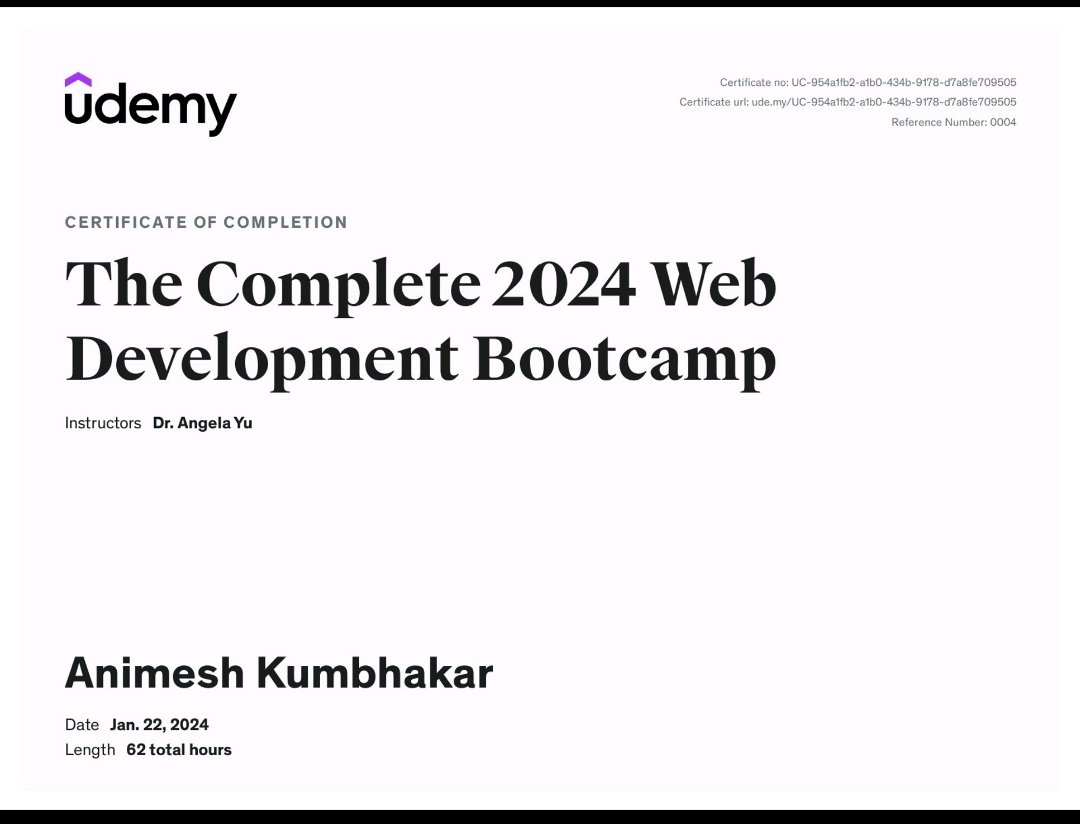 22Animesh's tweet image. Just finished a comprehensive Udemy Full Stack Web Development course in 2024! Excited to apply my new skills. 💻🚀 

#webdevelopmentcourse  
#devloper 
#webdevelopment 
#udemycourse 
#udemy