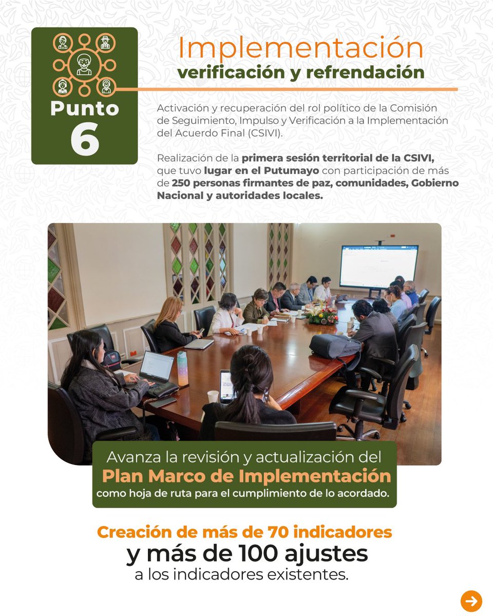 PAEColombiaOf's tweet image. El Gobierno Nacional con paso firme sí cumple el #AcuerdoDePaz, avanzando en temas que estaban rezagados incluyendo la actualización del Plan Marco de Implementación y las acciones para el cumplimiento de los capítulos étnicos y de género entre otras. 👇

✨#FirmesConElAcuerdo 🧵