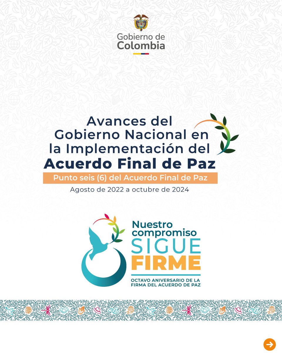 PAEColombiaOf's tweet image. El Gobierno Nacional con paso firme sí cumple el #AcuerdoDePaz, avanzando en temas que estaban rezagados incluyendo la actualización del Plan Marco de Implementación y las acciones para el cumplimiento de los capítulos étnicos y de género entre otras. 👇

✨#FirmesConElAcuerdo 🧵