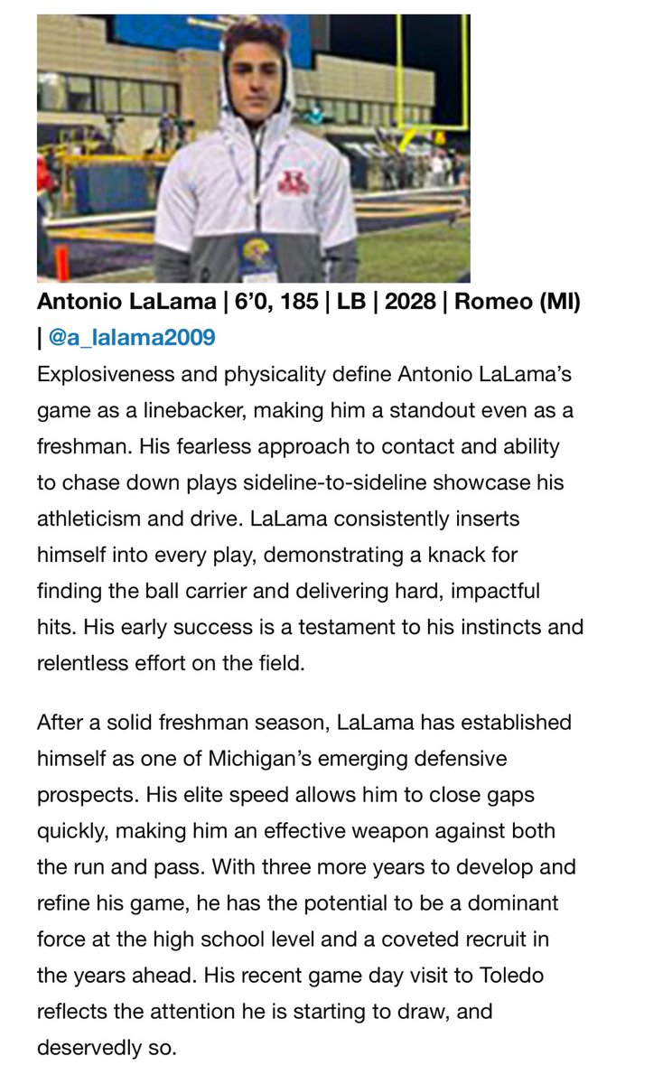 Thank you <a href="/sixstarfootball/">Six Star Football | PLUS+</a> for the write up!!

<a href="/alex_pallone/">Alex Pallone</a> <a href="/PrepRedzoneMI/">Prep Redzone Michigan</a> <a href="/LemmingReport/">Tom Lemming</a> <a href="/MichFBFrenzy/">Michigan Prep Frenzy</a> <a href="/MIexposure/">Michigan Exposure</a> <a href="/AllenTrieu/">Allen Trieu</a> <a href="/TheD_Zone/">The D Zone</a> <a href="/RomeoFootball/">RomeoFootball</a> <a href="/RomeoAthletics/">Romeo Bulldogs Athletics</a> <a href="/RisingStars6/">Rising Stars Academy</a> <a href="/ReggieWynns/">Rising Stars Scouting</a>