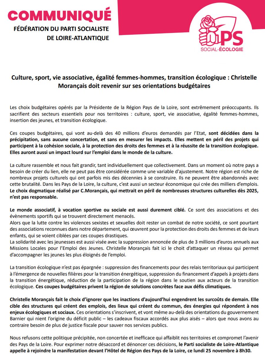 Benbrahim_K's tweet photo. Les choix budgétaires de @C_MORANCAIS mettent en péril des projets qui participent au lien social, à la protection des droits des femmes et à la réussite de la transition écologique. Ils auront aussi un impact sur l’emploi.
Le communiqué de @fede_ps44 👇 https://t.co/jjN1KuotLT